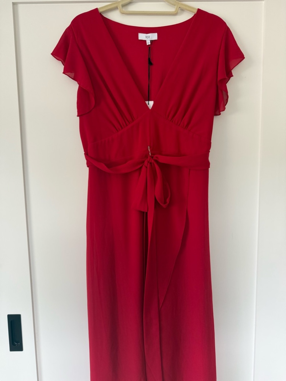 NWT Red Flutter-Sleeve Tie-Waist Chiffon Dress size L